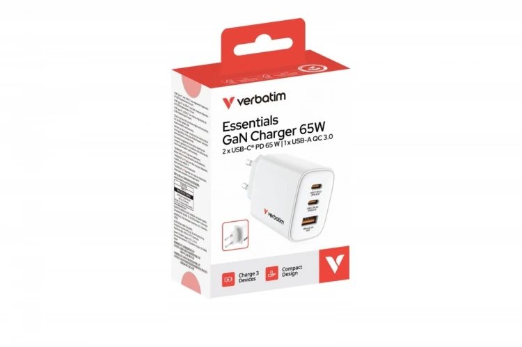 Verbatim Ładowarka GaN 65W QC 3.0, 2xUSB-C, 1x USB-A PD 3.0 EU