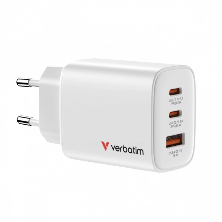 Verbatim Ładowarka GaN 65W QC 3.0, 2xUSB-C, 1x USB-A PD 3.0 EU