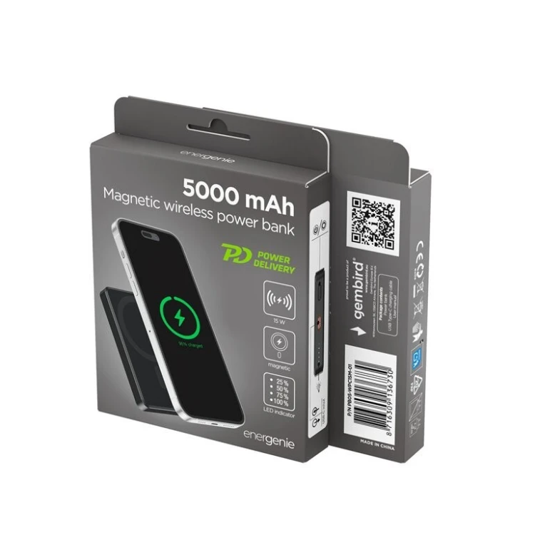 Gembird PowerBank bezprzewodowy, magnetyczny 5000mAh 15W czarny