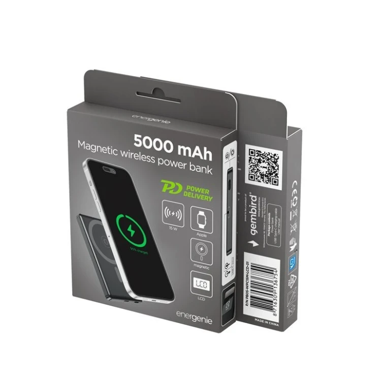 Gembird PowerBank bezprzewodowy, magnetyczny, LCD 5000mAh 15W czarny