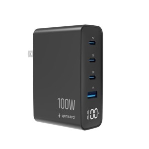 Gembird Ładowarka uniwersalna GaN 100W LCD 3xUSB-C 1xUSB-A czarna