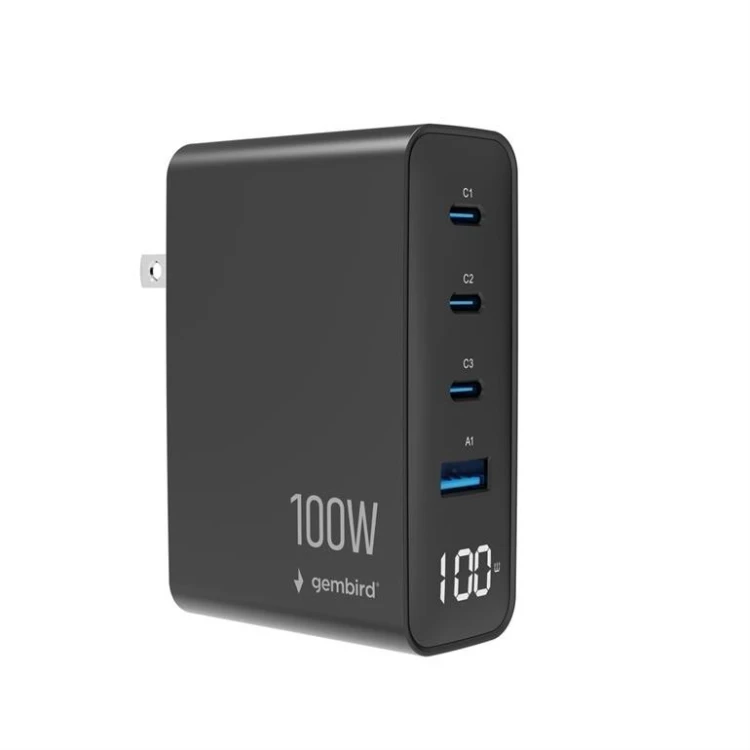 Gembird Ładowarka uniwersalna GaN 100W LCD 3xUSB-C 1xUSB-A czarna