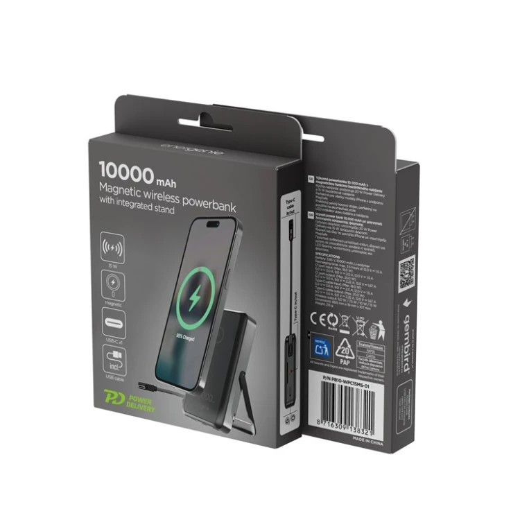 Gembird PowerBank 10000mAh bezprzewodowy 15W USB-C 20W z podstawką, czarny