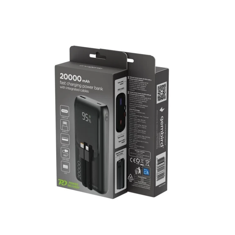 Gembird PowerBank 20000mAh ze zintegrowanymi kablami QC 3.0 LCD 20W czarny