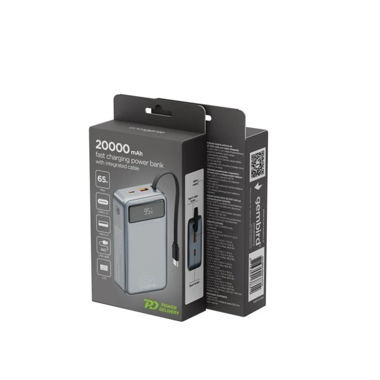 Gembird PowerBank 20000mAh zintegrowane kable QC3.0 18W PD 65W LCD czarny