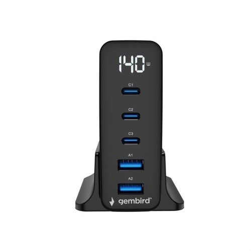 Gembird Ładowarka uniwersalna GaN 140W LCD 3xUSB-C 2xUSB-A czarna