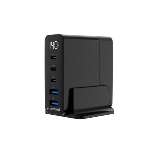 Gembird Ładowarka uniwersalna GaN 140W LCD 3xUSB-C 2xUSB-A czarna