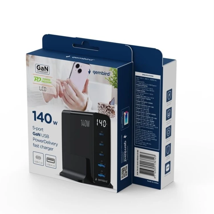 Gembird Ładowarka uniwersalna GaN 140W LCD 3xUSB-C 2xUSB-A czarna