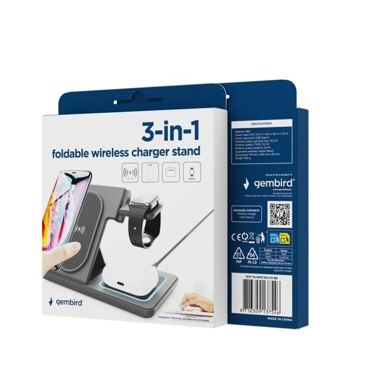 Gembird Ładowarka bezprzewodowa 3w1 15W Apple-Iphone, Watch, Airpods czarna