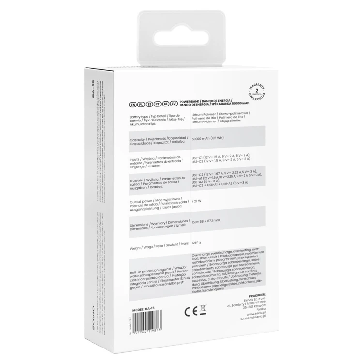 Savio Powerbank BA-15 50000 mAh biały