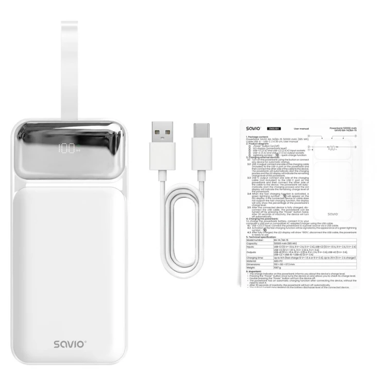 Savio Powerbank BA-15 50000 mAh biały