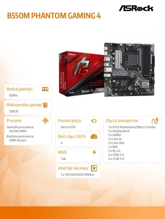ASRock Płyta główna B550M PHANTOM GAMING 4 AM4 4DDR4 HDMI/DP mATX