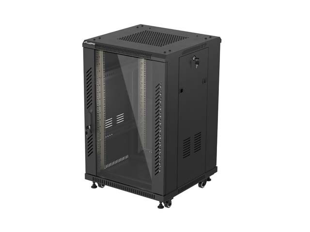 Lanberg Szafa instalacyjna rack stojąca 19 cali 18U 600x600 drzwi przeszklone (Flat pack) czarna