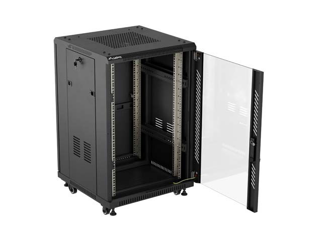 Lanberg Szafa instalacyjna rack stojąca 19 cali 18U 600x600 drzwi przeszklone (Flat pack) czarna