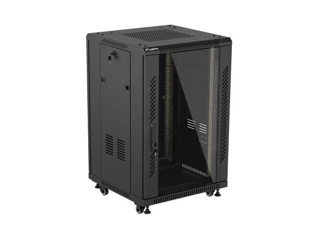 Lanberg Szafa instalacyjna rack stojąca 19 cali 18U 600x600 drzwi przeszklone (Flat pack) czarna