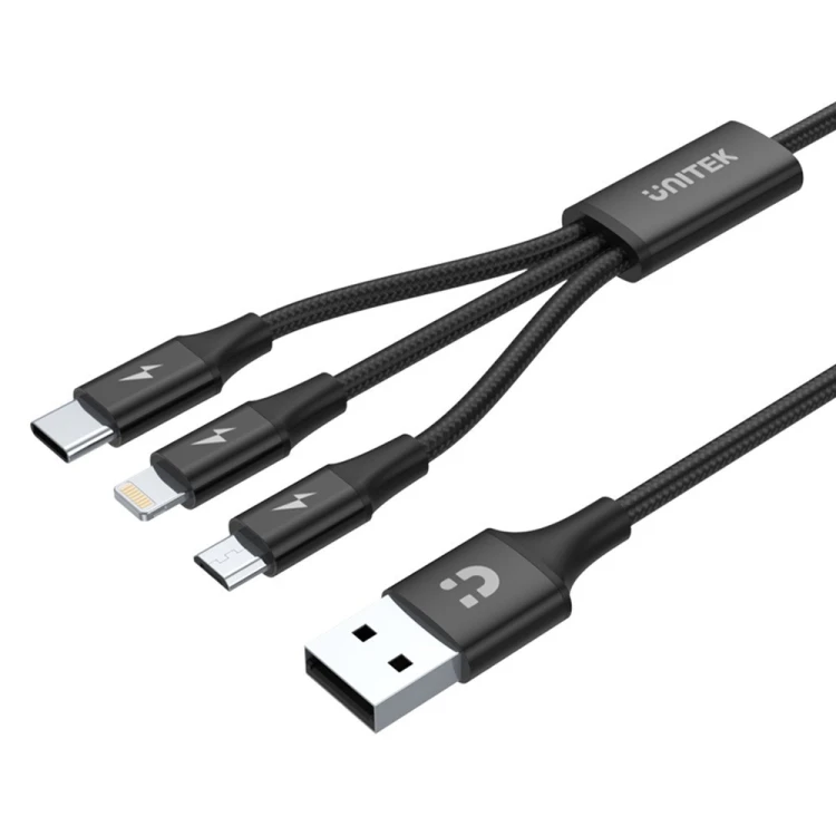 Unitek Kabel USB-A 3w1 USB-C/microUSB/ Lightning czarny C14049BK