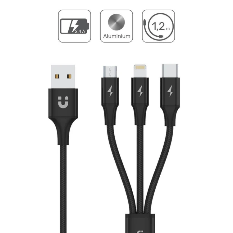 Unitek Kabel USB-A 3w1 USB-C/microUSB/ Lightning czarny C14049BK