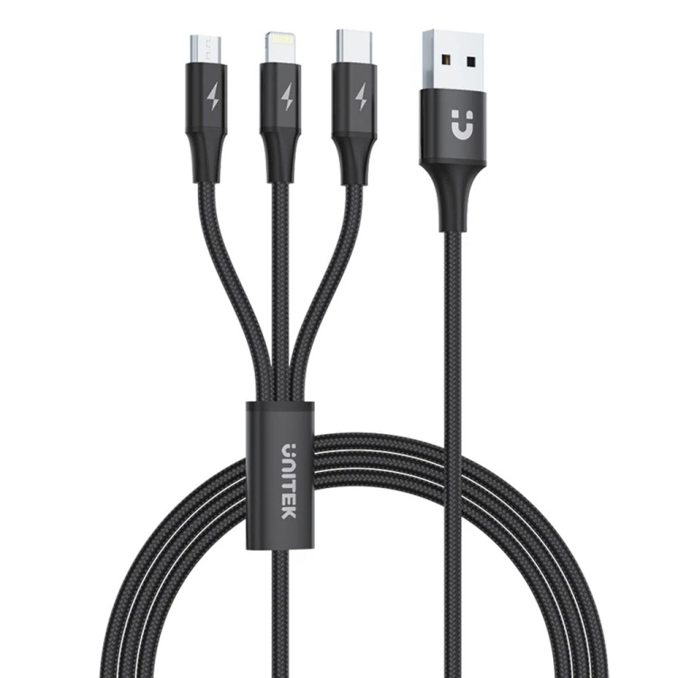 Unitek Kabel USB-A 3w1 USB-C/microUSB/ Lightning czarny C14049BK