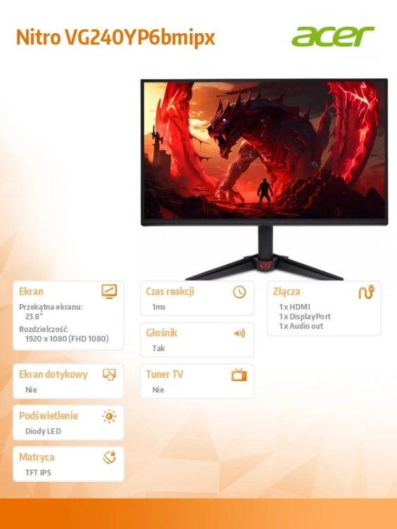 Acer Monitor Nitro 23.8 cala HDMI DP VG240YP6BMIPX IPS