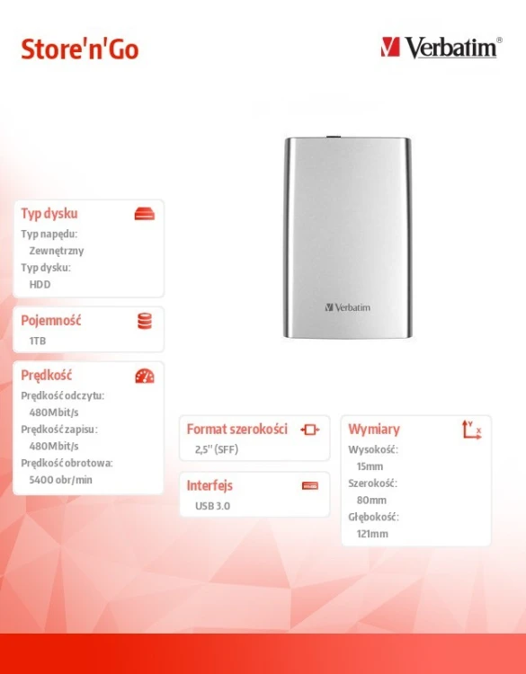 Verbatim Dysk zewnętrzny Store'n'Go 1TB 2.5'' USB 3.0 Srebrny 53071