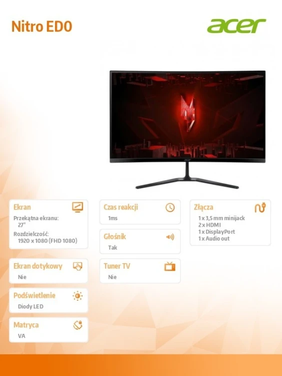 Acer Monitor 27 cali Nitro ED270W0b ED270W0bmiipx