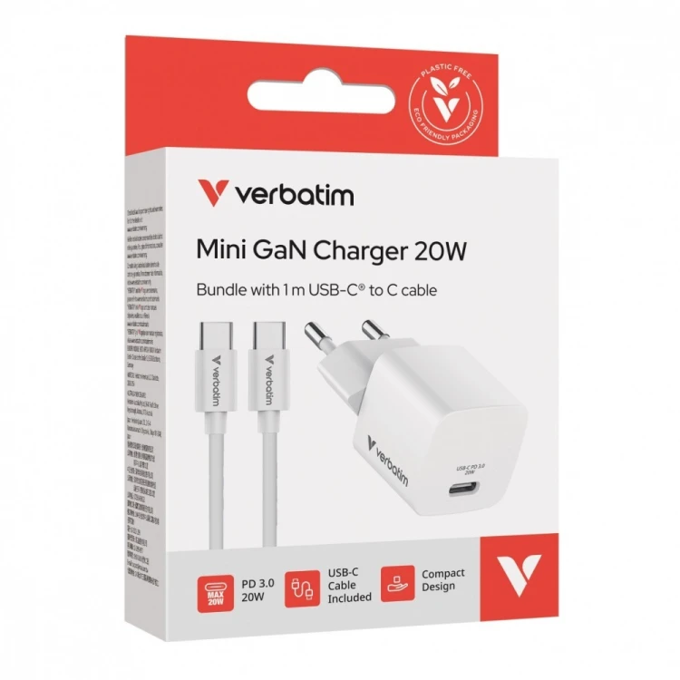 Verbatim Ładowarka uniwersalna Mini GaN 20W z kablem 1m, USB-C P.D 3.0
