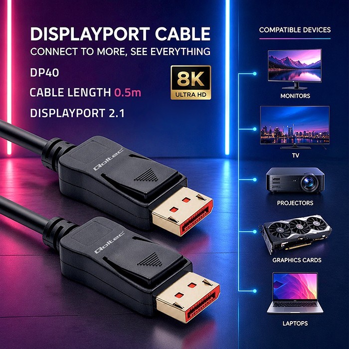 Qoltec Kabel DisplayPort M/M v2.1 | 40G | 0.5m