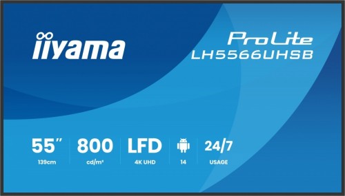 IIYAMA Monitor profesjonalny 55 cali LH5566UHSB-B1AG 4K, VA, A14, 800cd, 5000:1, 6,5ms,    2xHDMI, USB-C, RJ45, 2xUSB, 2x10W, WiFi, iiSignage2 4/32GB