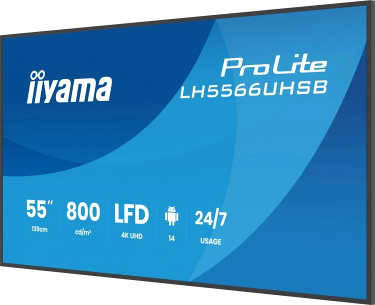 IIYAMA Monitor profesjonalny 55 cali LH5566UHSB-B1AG 4K, VA, A14, 800cd, 5000:1, 6,5ms,    2xHDMI, USB-C, RJ45, 2xUSB, 2x10W, WiFi, iiSignage2 4/32GB