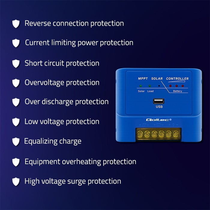 Qoltec Solarny regulator ładowania MPPT 15A | 12V/24V | LiFePO4