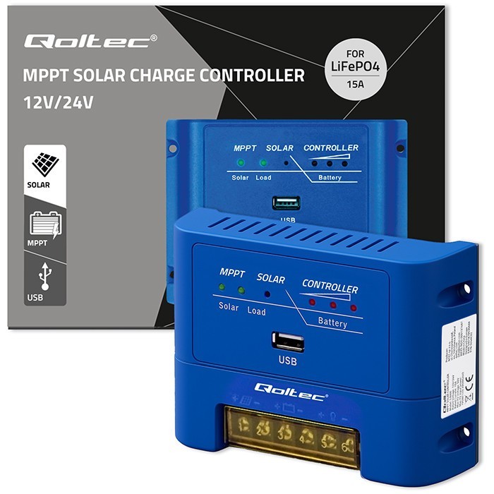 Qoltec Solarny regulator ładowania MPPT 15A | 12V/24V | LiFePO4