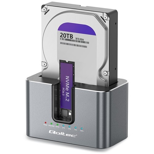 Qoltec Stacja dokująca 2w1 HDD SSD | SATA | M.2 NVMe | Klonowanie |     USB-C | 10Gb/s | 28TB