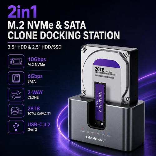 Qoltec Stacja dokująca 2w1 HDD SSD | SATA | M.2 NVMe | Klonowanie |     USB-C | 10Gb/s | 28TB
