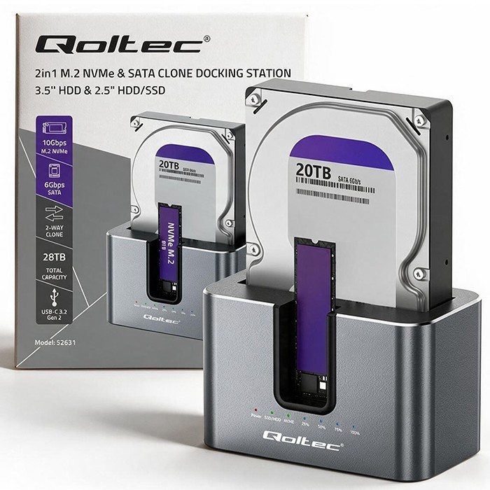 Qoltec Stacja dokująca 2w1 HDD SSD | SATA | M.2 NVMe | Klonowanie |     USB-C | 10Gb/s | 28TB