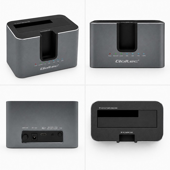 Qoltec Stacja dokująca 2w1 HDD SSD | SATA | M.2 NVMe | Klonowanie |     USB-C | 10Gb/s | 28TB