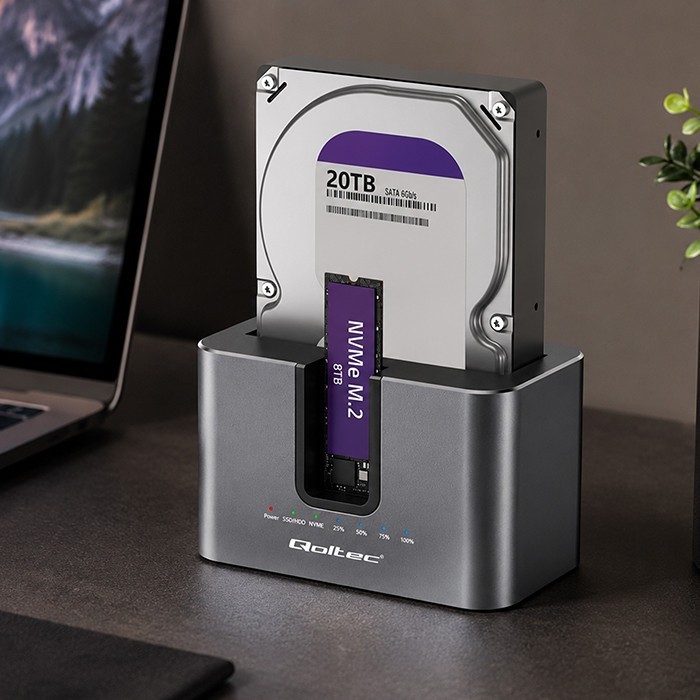 Qoltec Stacja dokująca 2w1 HDD SSD | SATA | M.2 NVMe | Klonowanie |     USB-C | 10Gb/s | 28TB