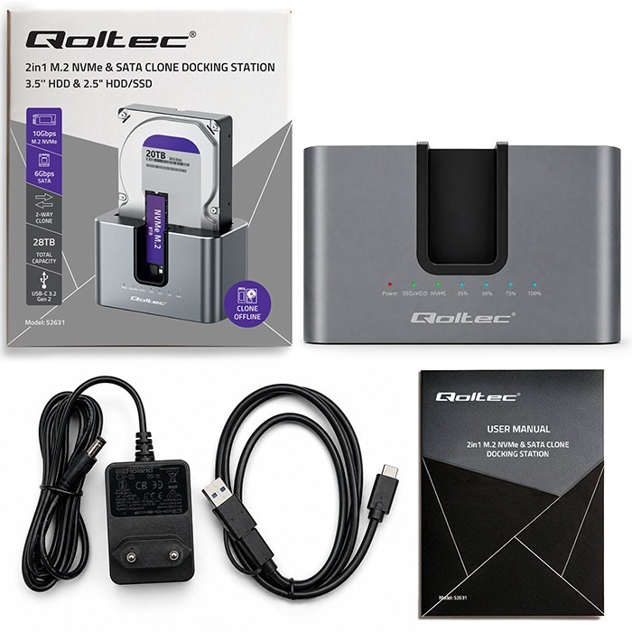 Qoltec Stacja dokująca 2w1 HDD SSD | SATA | M.2 NVMe | Klonowanie |     USB-C | 10Gb/s | 28TB