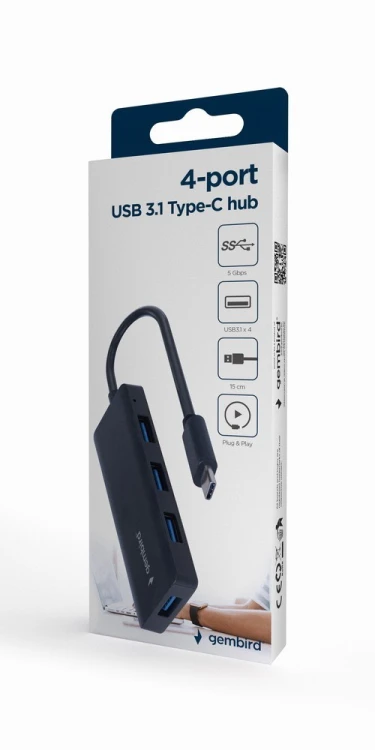 Gembird HUB 4-portowy USB 3.1 (Gen 1) typu C, czarny