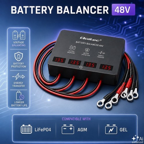 Qoltec Balanser napięcia 48V do akumulatorów 4x12V | 10A | AGM GEL LiFePO4 | LED