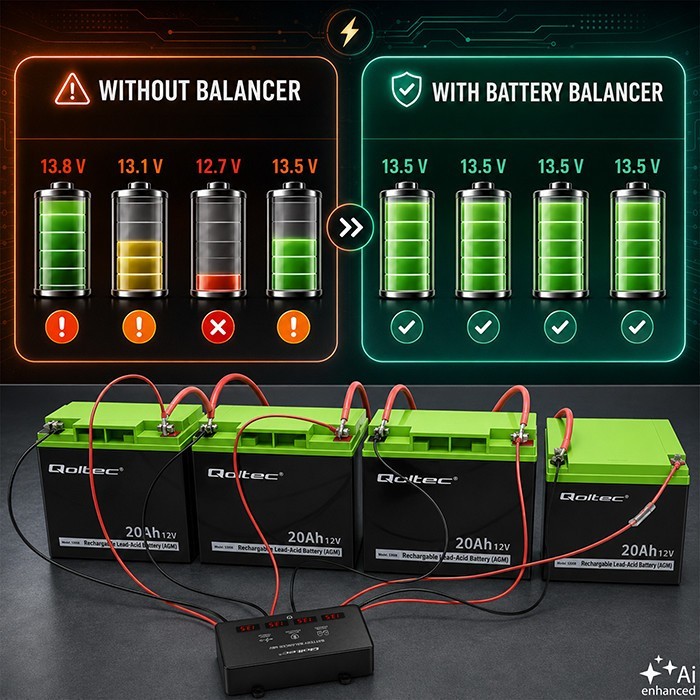 Qoltec Balanser napięcia 48V do akumulatorów 4x12V | 10A | AGM GEL LiFePO4 | LED