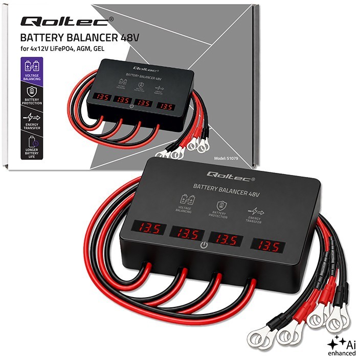 Qoltec Balanser napięcia 48V do akumulatorów 4x12V | 10A | AGM GEL LiFePO4 | LED