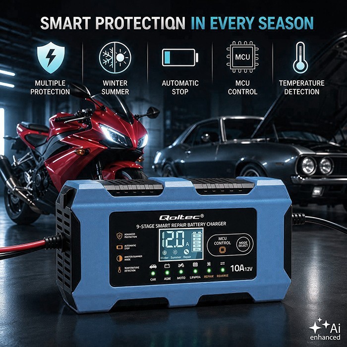Qoltec Ładowarka 12V 10A | Prostownik z funkcją naprawy | AGM GEL LiFePO4