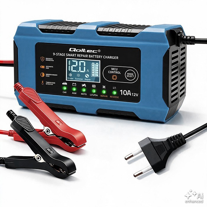 Qoltec Ładowarka 12V 10A | Prostownik z funkcją naprawy | AGM GEL LiFePO4