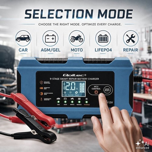 Qoltec Ładowarka 12V 6A | Prostownik z funkcją naprawy | AGM GEL LiFePO4