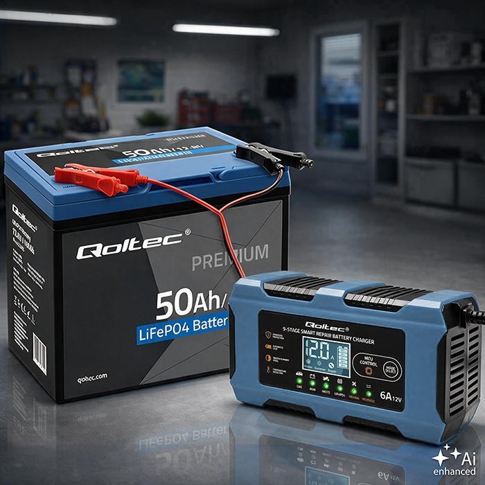 Qoltec Ładowarka 12V 6A | Prostownik z funkcją naprawy | AGM GEL LiFePO4