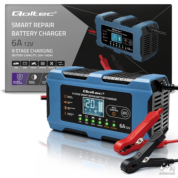 Qoltec Ładowarka 12V 6A | Prostownik z funkcją naprawy | AGM GEL LiFePO4