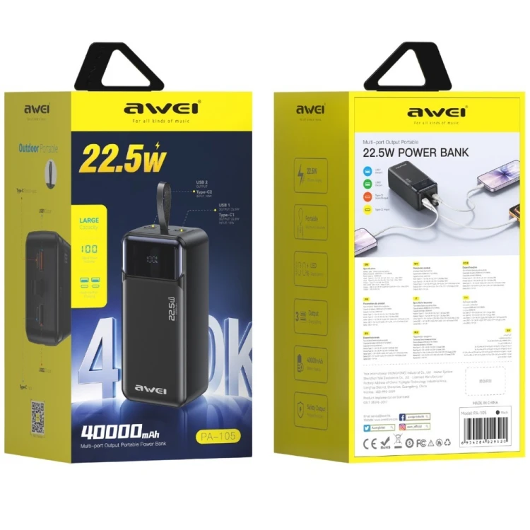 AWEI Powerbank 40000mAh 22,5W PA-105 PD 3xUSB-C