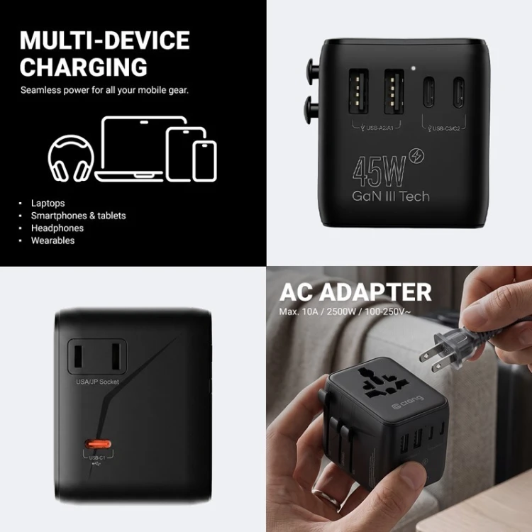 CRONG World Travel Adapter GaN 45W UK/EU/US/AU czarny
