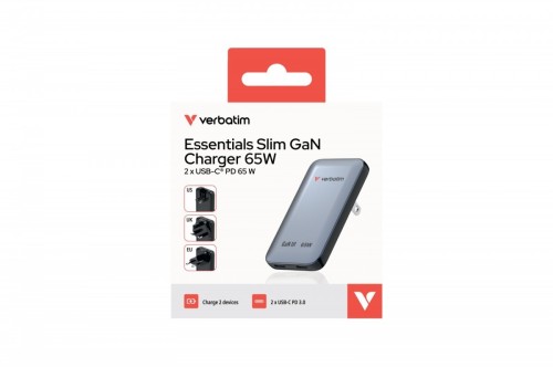 Verbatim Ładowarka Essentials Slim GaN 65W 2x USB-C, US/UK/UE szara