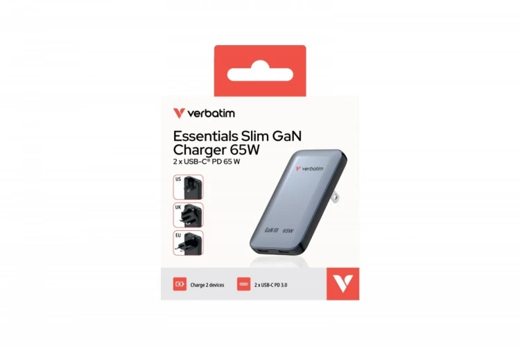 Verbatim Ładowarka Essentials Slim GaN 65W 2x USB-C, US/UK/UE szara